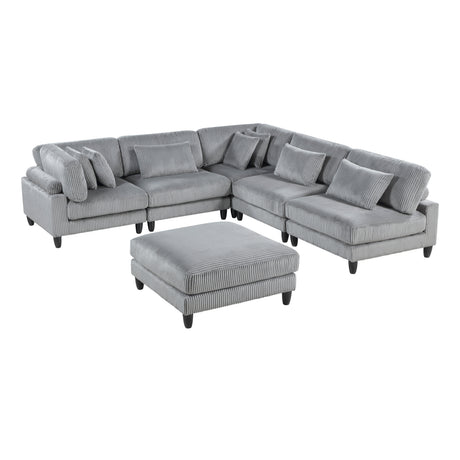 6pc Modular Sectional Set Gray Corduroy Upholstery 3x Armless Chairs 2x Corner Seats 1x Ottoman Pillows Living Room Furniture - sold by Home Elegance USA