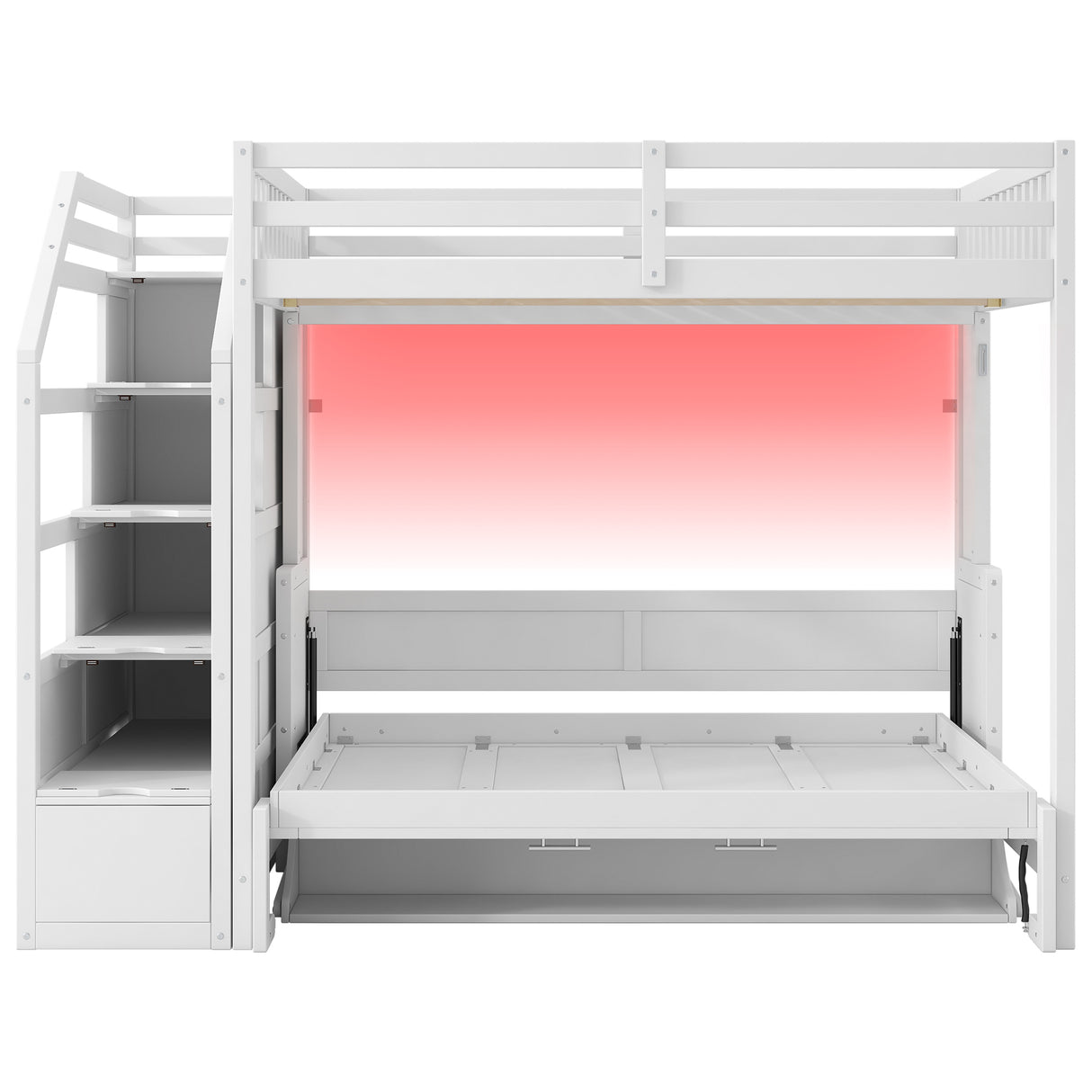 White Full XL Loft Bed with Storage Staircase, Murphy Bed, LED Light, Solid Pine and MDF, 101.2''L x 59.1''W x 73''H - sold by Home Elegance USA