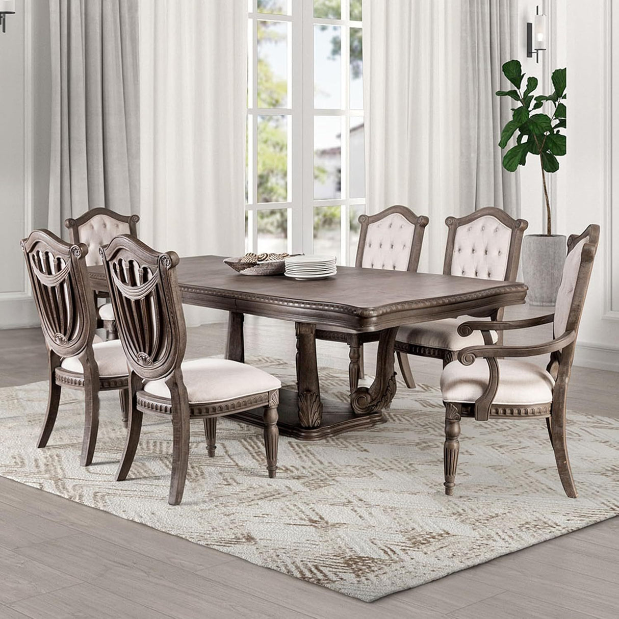 Vintage Luxury Dining Room Furniture Weathered Oak 7pc Set Dining Table 4x Side Chairs 2x Arm Chairs Beige Tufted back Chair Pedestal Base Table