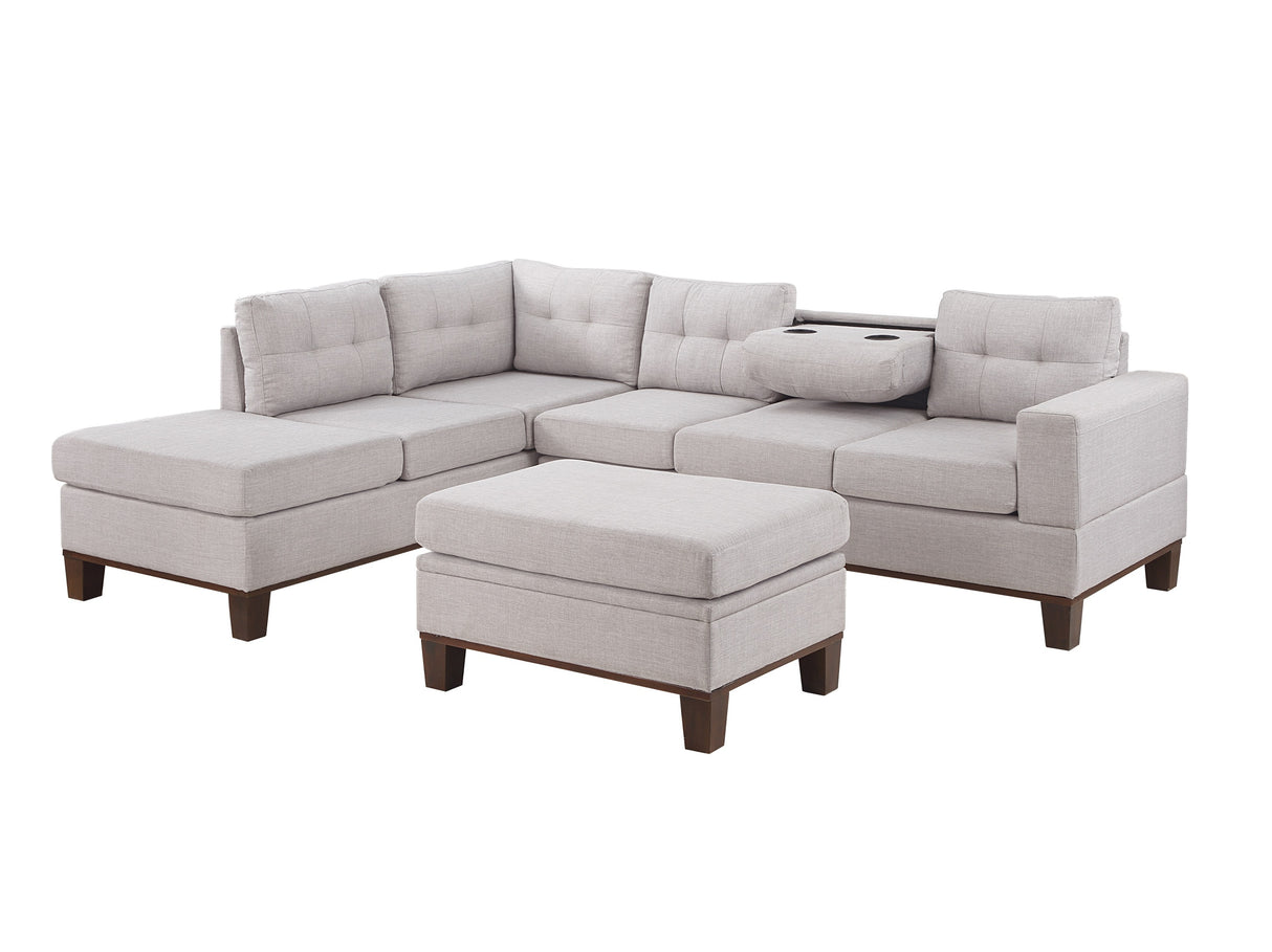 Hilo Light Gray Fabric Reversible Sectional Sofa with Dropdown Armrest, Cupholder, and Storage Ottoman - Home Elegance USA