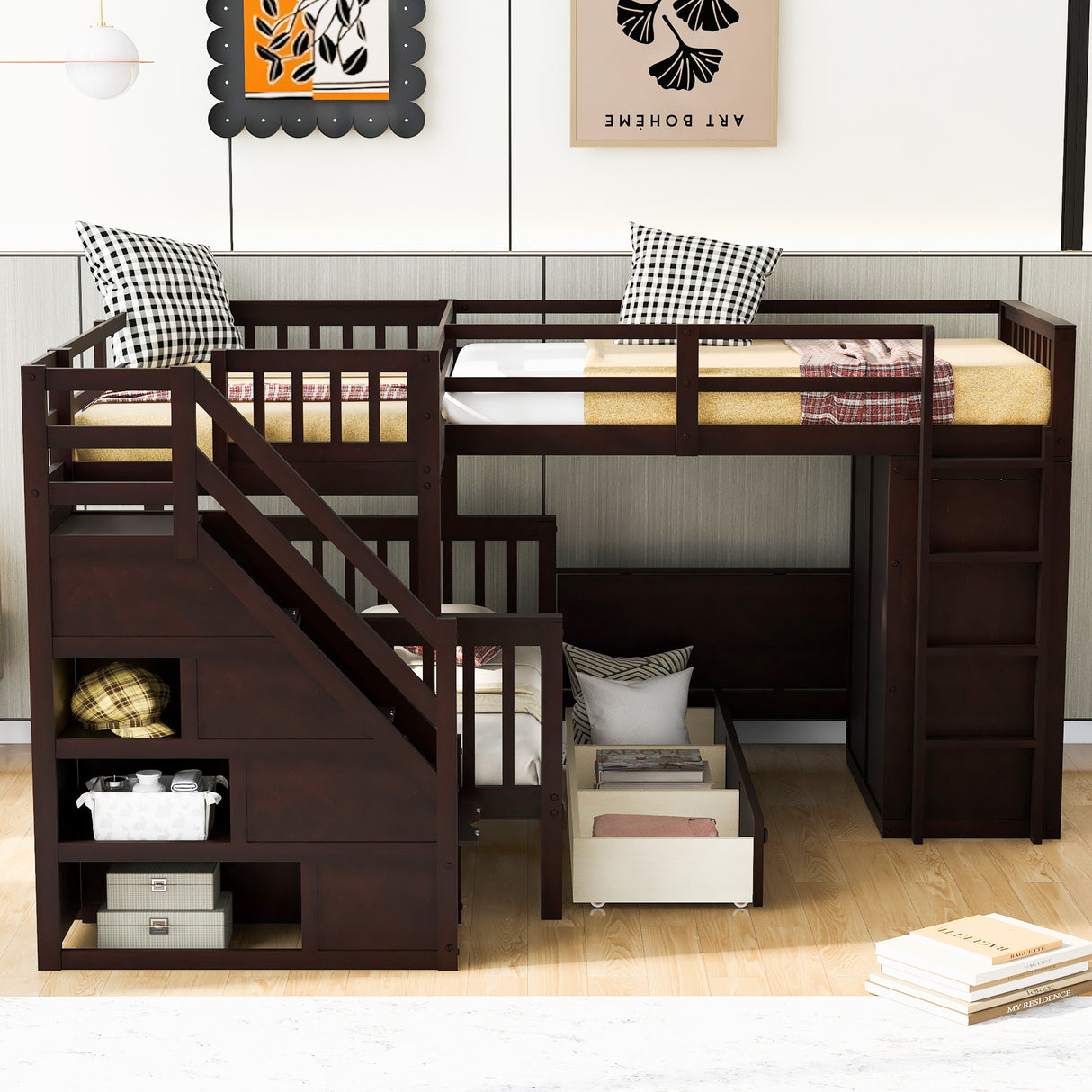 Twin-Twin over Full L-Shaped Bunk Bed With 3 Drawers, Portable Desk and Wardrobe, Espresso(OLD SKU:LT100542AAP) - sold by Home Elegance USA