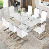 Table and chair set.Modern Simple Marble Pattern Dining Set - 71'x35.4' Table with 8 White PU Chairs.White marble pattern sticker,Tempered glass tabletop,Featuring Arched Silver Metal Chair Legs.