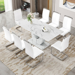 Table and chair set.Modern Simple Marble Pattern Dining Set - 71'x35.4' Table with 8 White PU Chairs.White marble pattern sticker,Tempered glass tabletop,Featuring Arched Silver Metal Chair Legs.