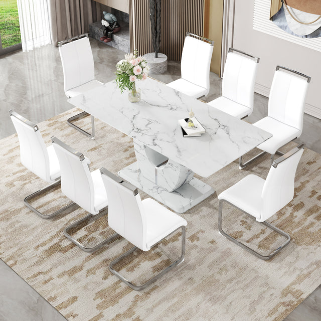 Table and chair set.Modern Simple Marble Pattern Dining Set - 71'x35.4' Table with 8 White PU Chairs.White marble pattern sticker,Tempered glass tabletop,Featuring Arched Silver Metal Chair Legs.