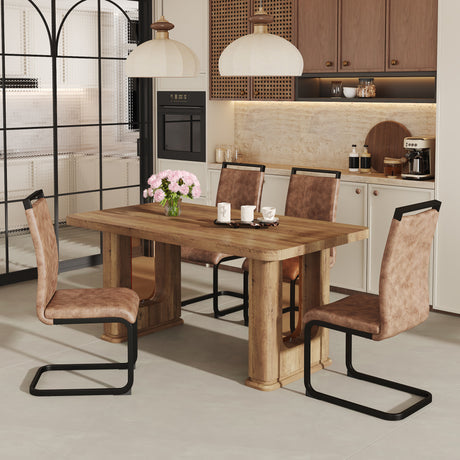 Table and chair set.64.5 x 35.4 Inch Stylish Wood Color Textured Dining Table.Perfectly Blending Simplicity And Transparency.Paried With 4 Brown technology fabric chairs with arched black legs. - sold by Home Elegance USA