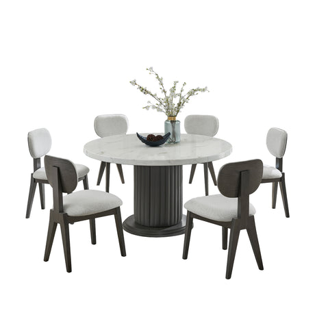 Valencia 7-Piece 54' Round White Faux Marble Dining Set with Gray PVC Upholstered Pedestal Base & Light Gray Fabric Chairs - sold by Home Elegance USA