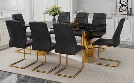 Table and chair set.The table has a glass tabletop with imitation marble pattern sticker and stainless steel golden legs.Paried with 8 Black comfortable chairs with PU seats and metal legs.W1151S01514 - sold by Home Elegance USA