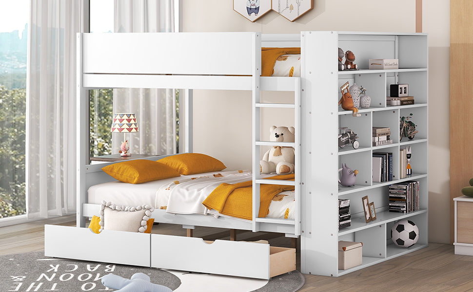 Full over Full Bunk Bed With 2 Drawers and Multi-layer Cabinet, White - Home Elegance USA