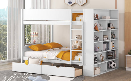 Full over Full Bunk Bed With 2 Drawers and Multi-layer Cabinet, White - Home Elegance USA