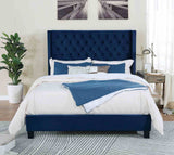 Modern Bedroom Furniture Navy 1pc Est King Size Bed Upholstered Frame Fabric Tufted HB Wingback Design