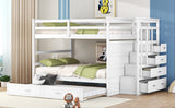 Full Over Full Bunk Bed with Twin Size Trundle and Staircase, White - Home Elegance USA