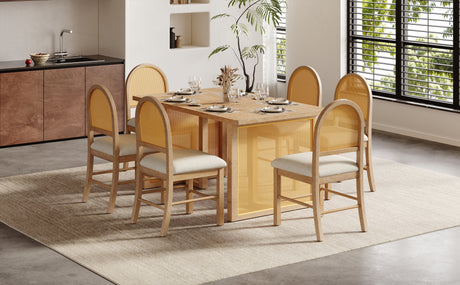 TREXM 7-Piece Farmhouse Dining Table Set for 6 - 59.8' Rectangular Dining Table with Distressed Oak Veneer and 6 Rattan Chairs, Rustic Kitchen Furniture for Dining Room(Natural) - sold by Home Elegance USA
