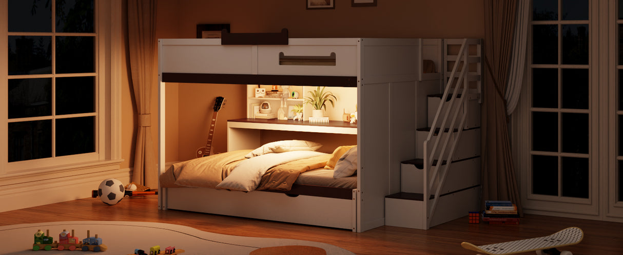 Full Over Full Bunk Bed with Twin Size Trundle and Staircase, Shelves, LED,White - sold by Home Elegance USA
