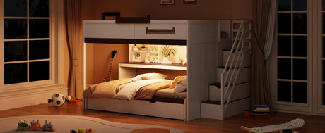 Full Over Full Bunk Bed with Twin Size Trundle and Staircase, Shelves, LED,White - sold by Home Elegance USA