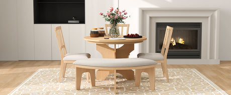TREXM 5-piece Rustic Charm Round Dining Set with 3 Upholstered Chairs and Curved Bench for Dining Room, Kitchen and Living Room (Natural) - sold by Home Elegance USA