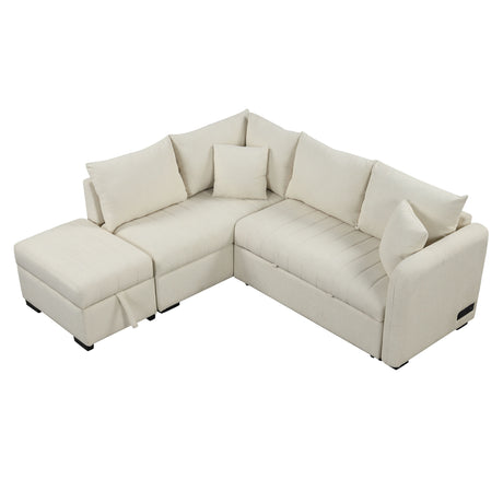 Modern L-shaped Sectional Pull Out Sofa Bed with USB Ports and Storage Ottoman, Beige, Jacquard Fabric, 82.6' - sold by Home Elegance USA