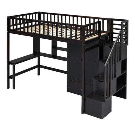 Twin size Loft Bed with Bookshelf,Drawers,Desk,and Wardrobe-Espresso - Home Elegance USA