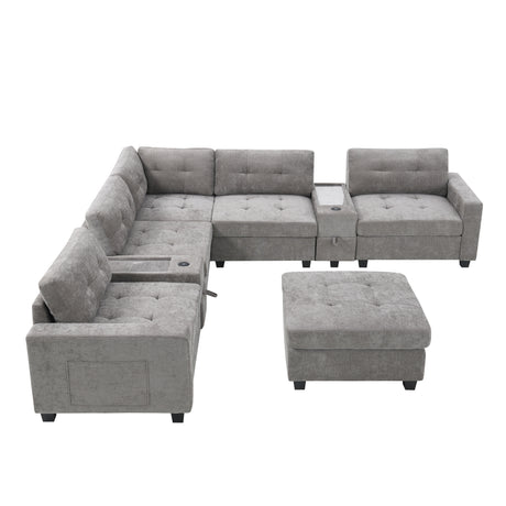Modern Chenille U-Shaped Sectional Sofa with Acrylic Table Top, USB Charger, Storage Drawers, and Movable Ottoman in Gray - sold by Home Elegance USA