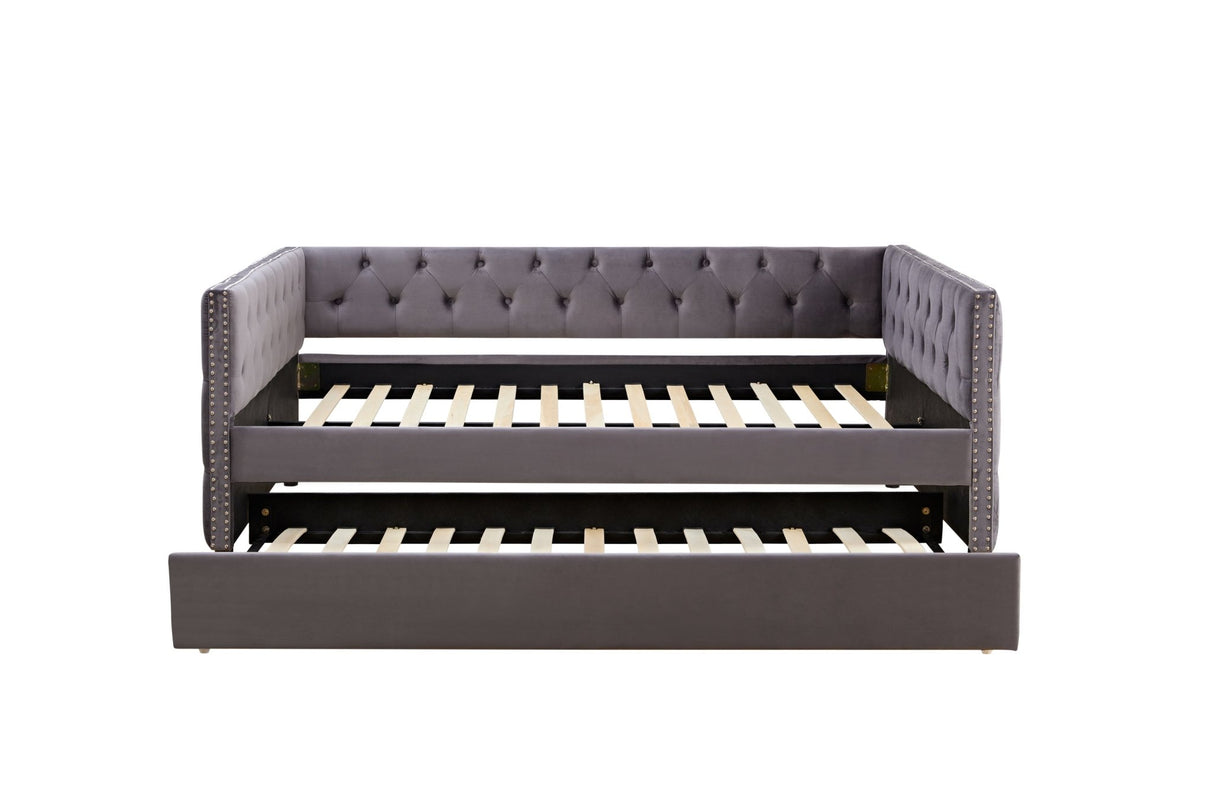 Daybed with Trundle, Upgraded Velvet Upholstered Twin Size Day Bed Button - Tufted Sofa Daybed Frame with A Trundle, No Box Spring Needed, Furniture for Bedroom Living Room Guest Room (8197 - Grey, Full) - W1756S00005 - Home Elegance USA - 10