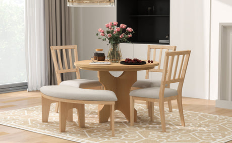 TREXM 5-piece Rustic Charm Round Dining Set with 3 Upholstered Chairs and Curved Bench for Dining Room, Kitchen and Living Room (Natural) - sold by Home Elegance USA