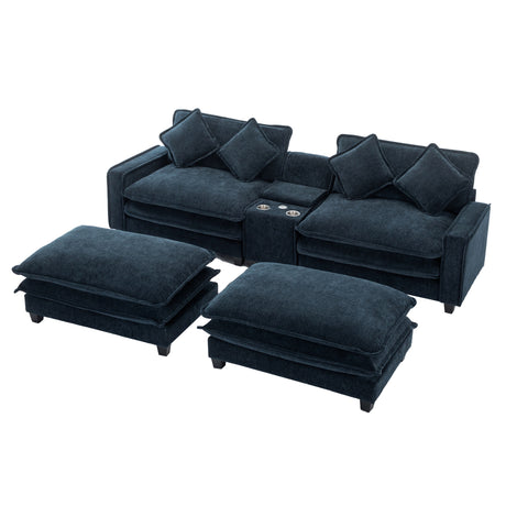 Contemporary Chenille Upholstered Sectional Sofa with Ottomans, USB Ports, Cup Holders & Storage, Blue - sold by Home Elegance USA