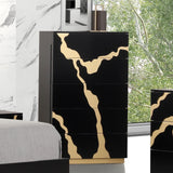 Contemporary Style 1pc Chest 5-English Dovetail Drawers Gold Painted Pattern Ball Bearing Glides Black And Gold Finish