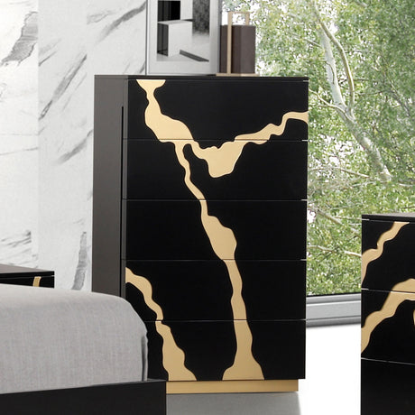 Contemporary Style 1pc Chest 5-English Dovetail Drawers Gold Painted Pattern Ball Bearing Glides Black And Gold Finish