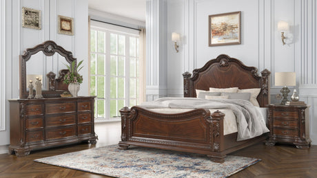 Traditional Style 4 Pc King Bedroom Set With Intricate Wood Carvings Made with Wood in Walnut