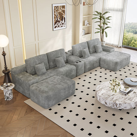 150''Width 5-piece Sectional Sofa with 2 Ottomans,Comfy U-shaped Sofa Couch for Living Room,Light Grey Plush Corduroy Fabric - sold by Home Elegance USA