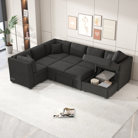 U-shaped Sectional Sofa Pull Out Bed with USB Ports, Power Sockets, Back Pillows & Storage Chaise, Black Chenille, 108.6' - sold by Home Elegance USA