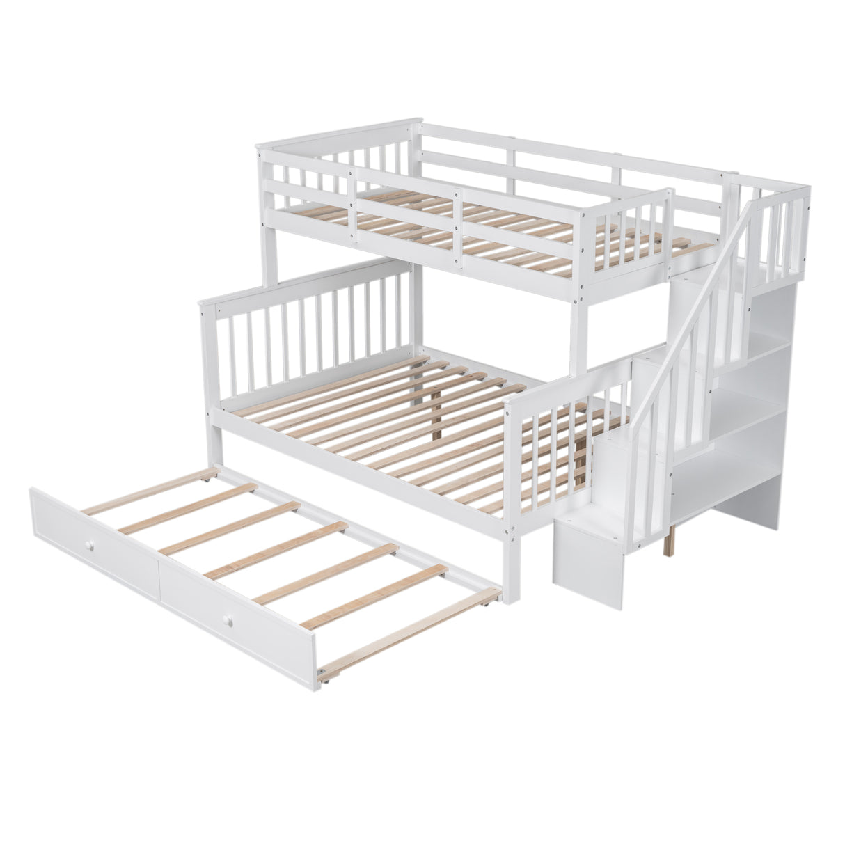 Twin-Over-Full Bunk Bed with Twin size Trundle, Storage and Guard Rail for Bedroom, Dorm, for Adults, White(OLD SKU :LT000119AAK) - Home Elegance USA