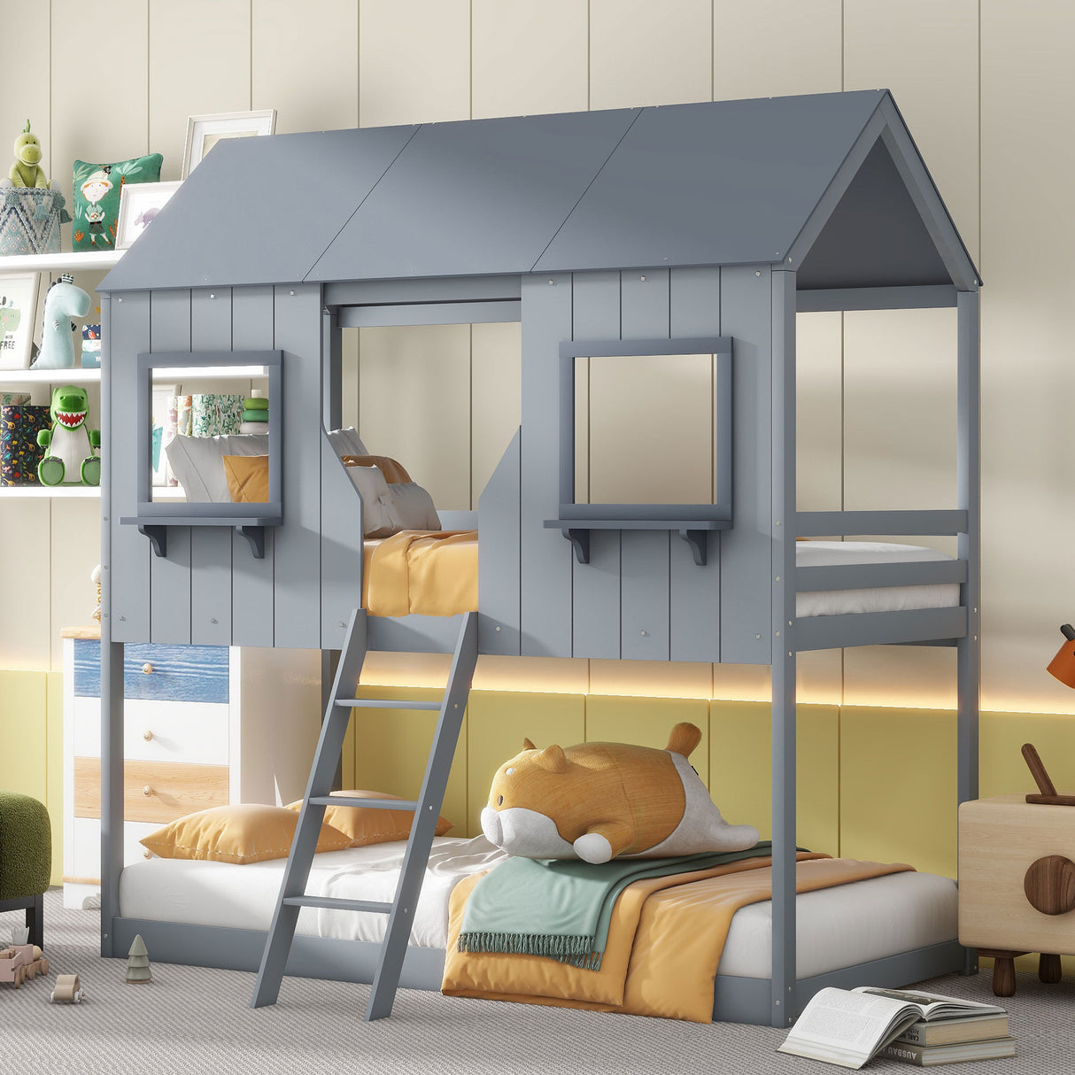 Twin Over Twin Bunk Bed Wood Bed with Roof, Window, Guardrail, Ladder (Gray)(OLD SKU :LT000045AAE)