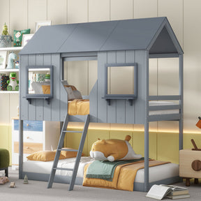Twin Over Twin Bunk Bed Wood Bed with Roof, Window, Guardrail, Ladder (Gray)(OLD SKU :LT000045AAE)
