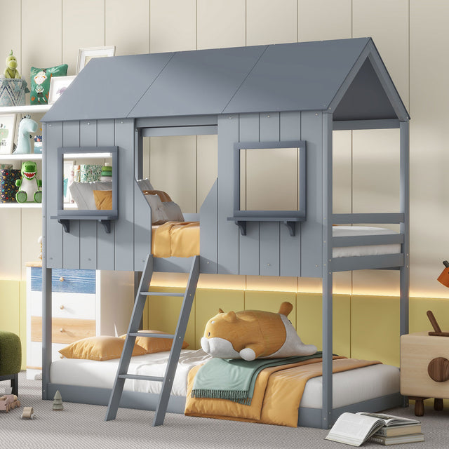 Twin Over Twin Bunk Bed Wood Bed with Roof, Window, Guardrail, Ladder (Gray)(OLD SKU :LT000045AAE)