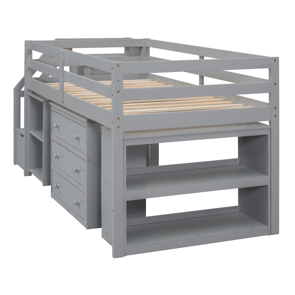 Twin Size Loft Bed with Retractable Writing Desk and 3 Drawers, Wooden Loft Bed with Storage Stairs and Shelves, Gray - Home Elegance USA