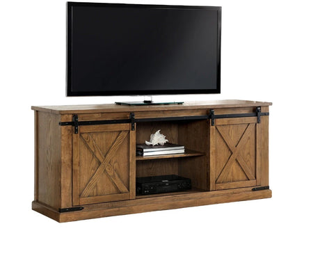 Rustic Style TV Console Base Sliding Doors Metal Accents Multiple Open Storage Shelves X-Design Front Doors Dark Oak Finish - sold by Home Elegance USA