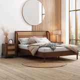 3 Pieces Modern Cannage Rattan Platform Queen Bed + Nightstand*2, Walnut Home Elegance USA