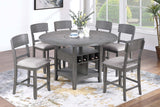 Contemporary 7pc Counter Height Dining Set Gray Table w Lazy Susan Built-in Leaf 6x High Chairs Kitchen Dining Room Storage Space Furniture