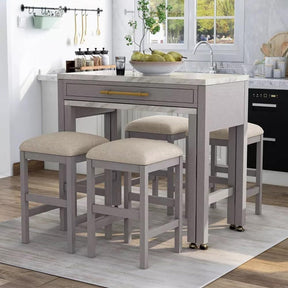 Rustic 5pc Dining Set Counter Height Dining Table w Storage drawer Faux Marble Top 4x Stools Light Gray Dining Room Furniture - sold by Home Elegance USA