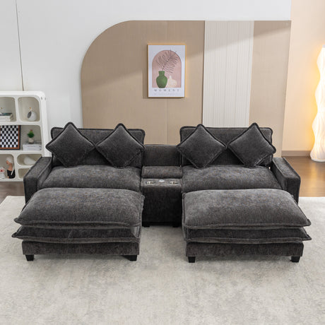 Modern Chenille Upholstered Sectional Sofa with Ottomans, USB Ports, Cup Holders, and Storage in Grey - sold by Home Elegance USA