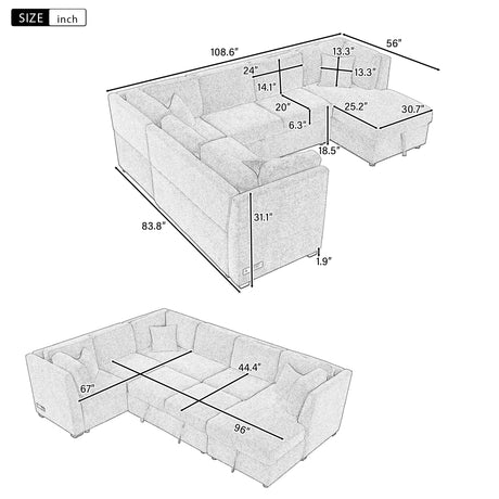 U-shaped Sectional Sofa Pull out Sofa Bed with USB Ports, Power Sockets, Storage Chaise, Light Gray Chenille, 108.6' - sold by Home Elegance USA