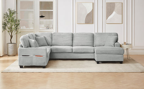 Modern U-shaped Sectional Sofa with Movable Ottoman and Side Storage Pockets, Grey Corduroy, 125.2' - sold by Home Elegance USA