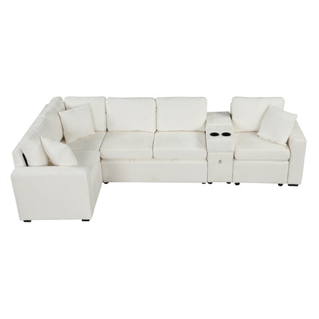 120.5' L-shaped Convertible Sofa Bed Modular Sectional Sofa Reversible Sleeper with Pull-Out Bed, Cup Holders, and Ample Storage Space for Living Room(Old SKU:N719S001940K), White - sold by Home Elegance USA