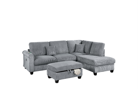 Contemporary Style 3pc Sectional Set Right Arm Chaise Left Arm Sofa w/ USB Port Storage Ottoman Throw Pillow Wooden Legs Fog Finish Primary Living Room - sold by Home Elegance USA