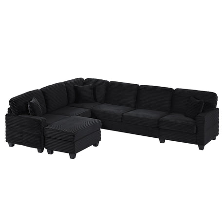 Upholstered U-shaped Sectional Sofa with Movable Ottoman and Side Storage Pockets in Black Corduroy, 125.2 inches - sold by Home Elegance USA