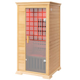 Sauna interior para una persona, 1600 W, madera de cicuta, puerta de cristal, luces LED rojas y Bluetooth. Tamaño: 94,5 x 90,9 x 198,8 cm.