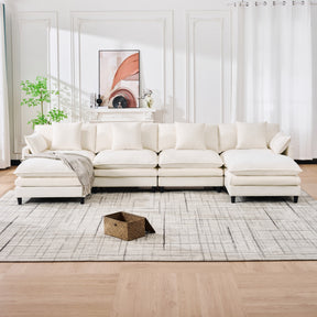 140.9-inch U-shaped modular sectional sofa, suitable for living room or bedroom. It comes with 2 movable ottomans, 4 cushions and 2 throw pillows. Made of soft cashmere fabric, in beige - sold by Home Elegance USA