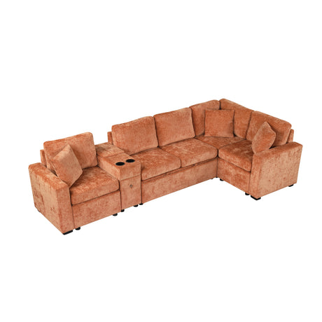 120.5' L-shaped Convertible Sofa Bed Modular Sectional Sofa Reversible Sleeper with Pull-Out Bed, Cup Holders, and Ample Storage Space for Living Room(Old SKU:N719S001940G), Orange - sold by Home Elegance USA