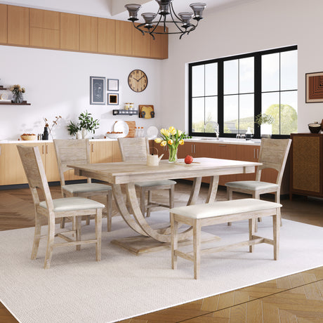 TOPMAX Modern Style Natural Wood 6-Piece Dining Table Set with Bench and Chairs, Upholstered Seats, Rubberwood Frame - sold by Home Elegance USA