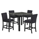 Contemporary 5pc Counter Height Dining Set with Faux Marble Table and Upholstered Chairs, All Black